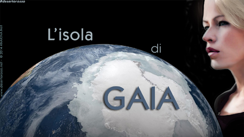 Sfondo de L’Isola di Gaia: la Terra vista dall’orbita con l’Antartide in primo piano e sulla destra volto di una donna bionda di profilo